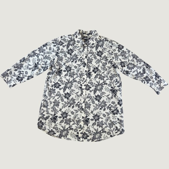 Lands' End Tops - Lands' End Supima Cotton Floral Button Down Shirt White Black 8P Coastal Chic
